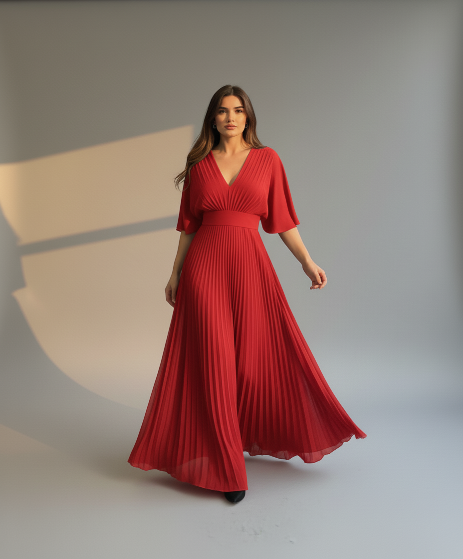 Women’s Elegant Pleated Maxi Dress with Wide Sleeves - Flowy Long Dress for Formal & Casual Occasions