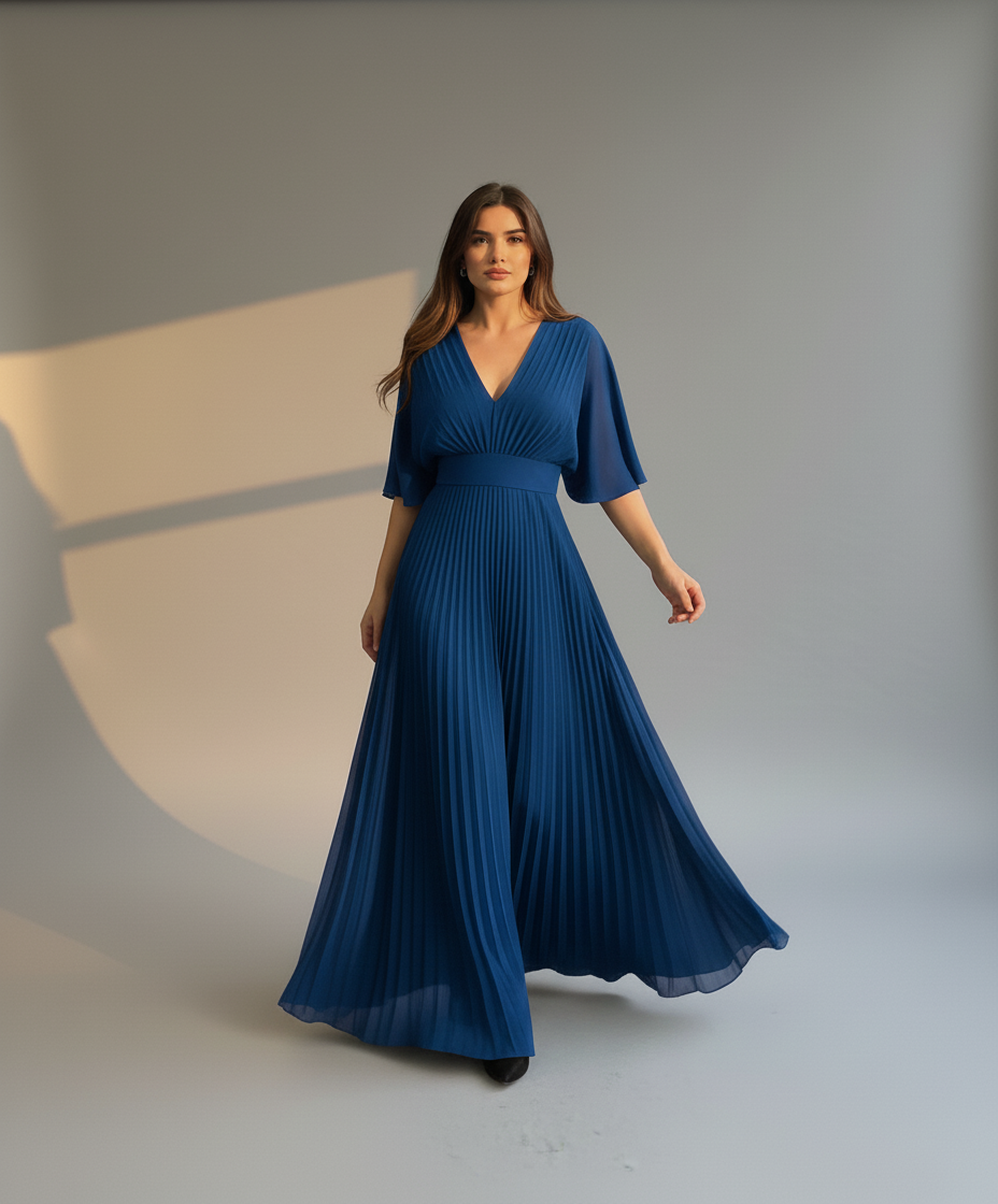 Women’s Elegant Pleated Maxi Dress with Wide Sleeves - Flowy Long Dress for Formal & Casual Occasions