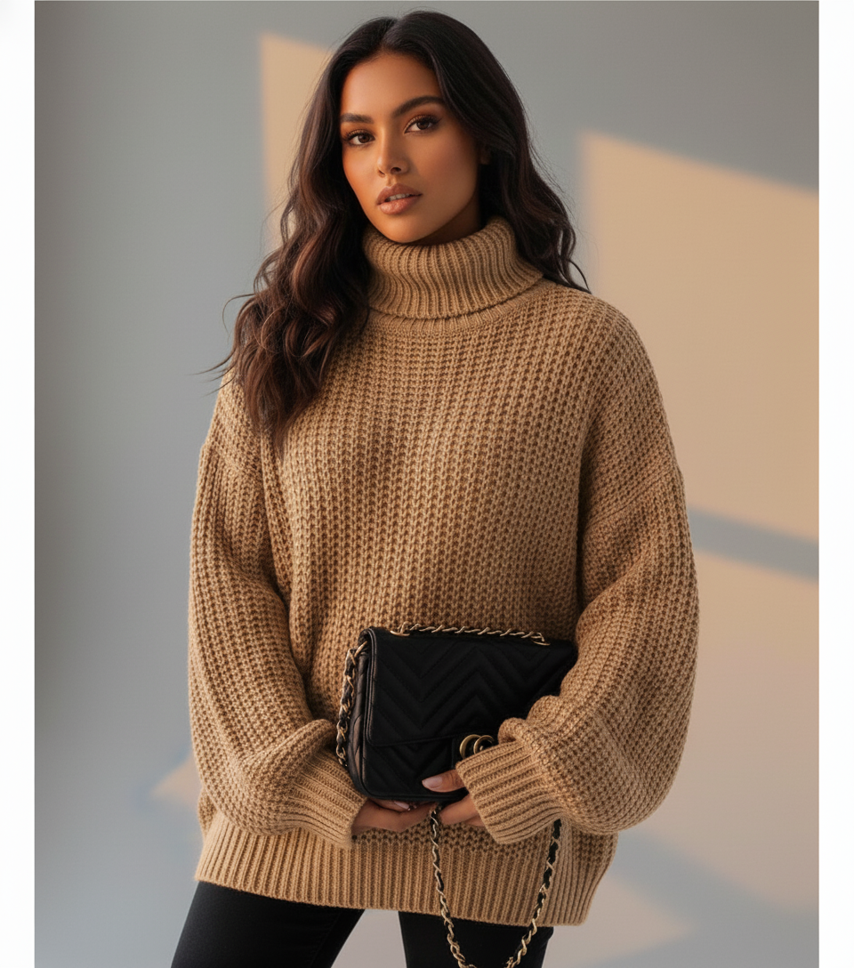 Women’s Knit Turtleneck Jumper - Thick Chunky Pullover with Relaxed Fit for Cozy Winter Style