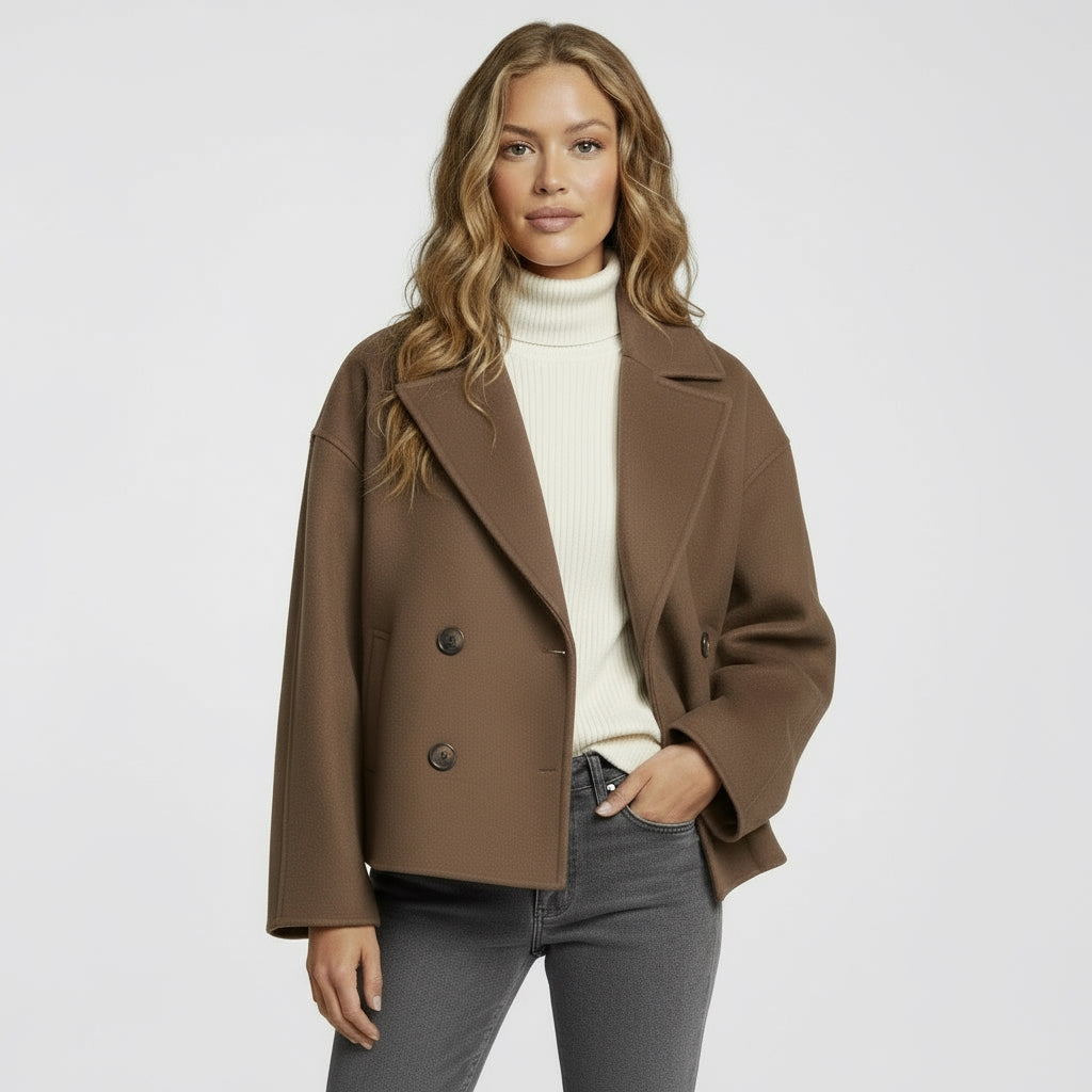 Women’s Short Double-Breasted Winter Jacket – Cropped Coat with Wide Lapels & Structured Fit