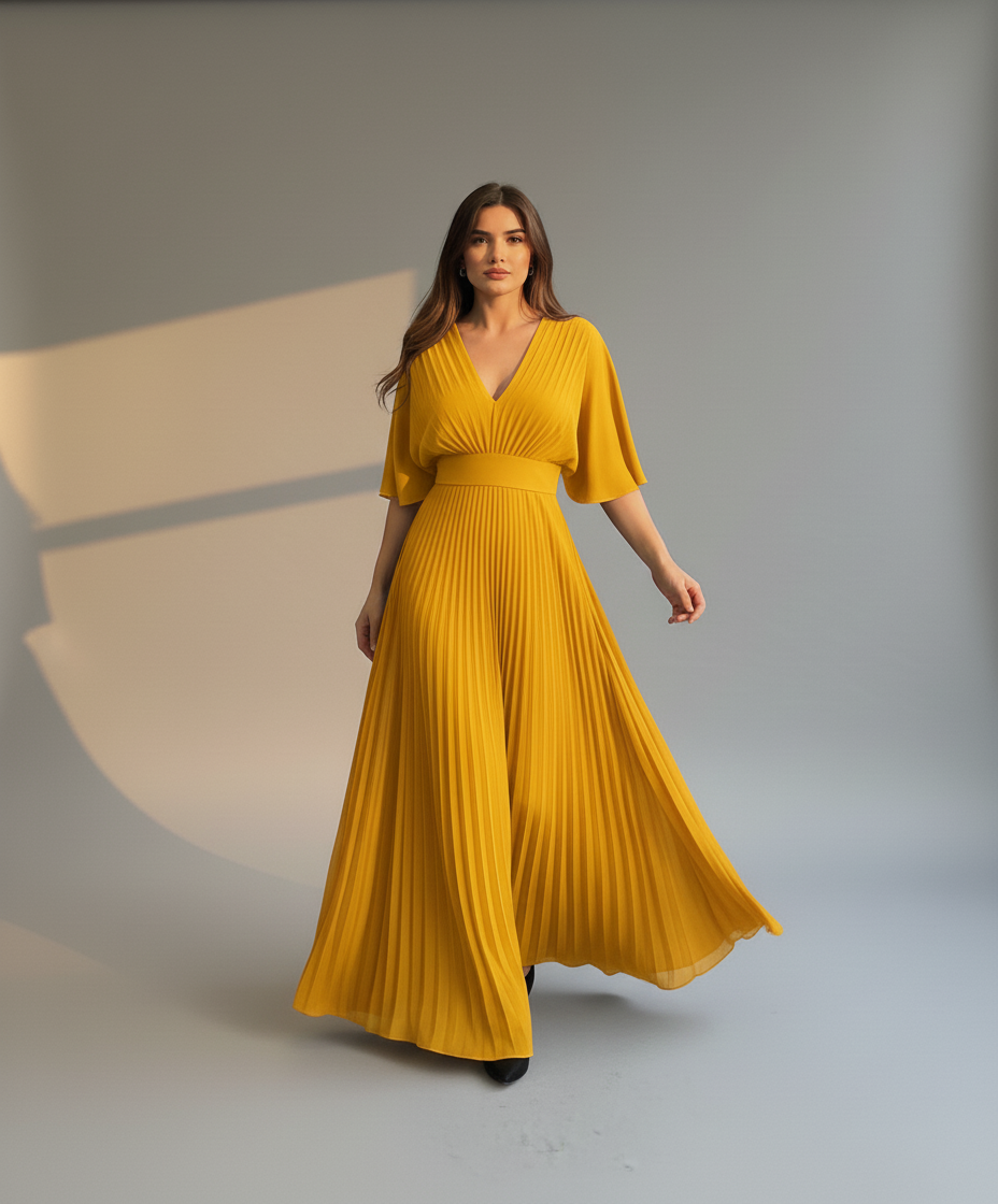 Women’s Elegant Pleated Maxi Dress with Wide Sleeves - Flowy Long Dress for Formal & Casual Occasions