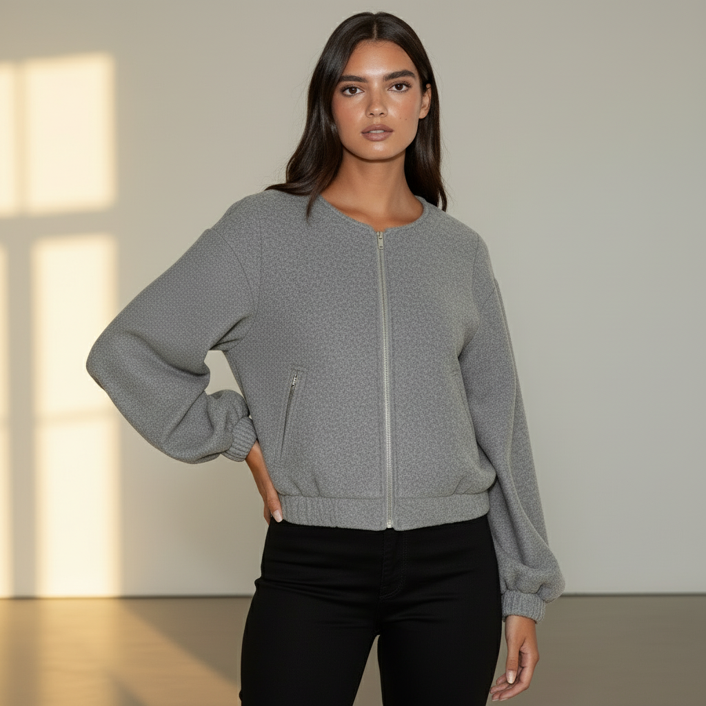 Women’s Cropped Bomber Jacket – Long Sleeve Zip Front Short Coat