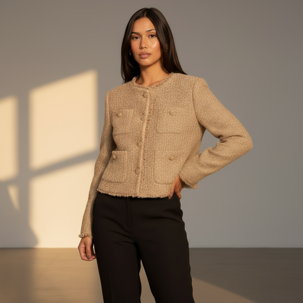 Women’s Cropped Tweed Jacket – Long Sleeve Elegant Short Coat Style