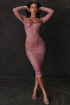 Gemma | Women's Pink Long Sleeve Maxi Dress, Off The Shoulder with Long Sleeves