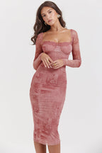 Gemma | Women's Pink Long Sleeve Maxi Dress, Off The Shoulder with Long Sleeves