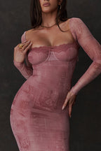 Gemma | Women's Pink Long Sleeve Maxi Dress, Off The Shoulder with Long Sleeves