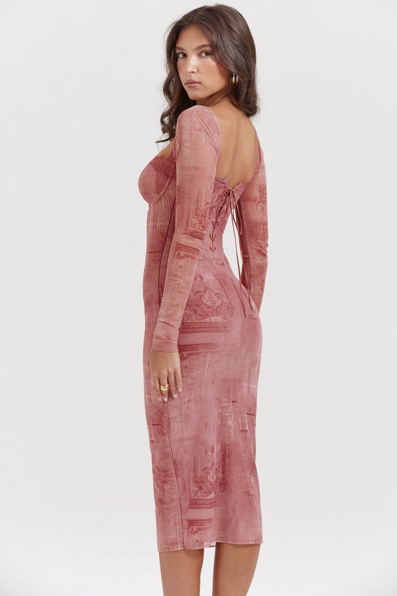 Gemma | Women's Pink Long Sleeve Maxi Dress, Off The Shoulder with Long Sleeves
