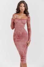 Gemma | Women's Pink Long Sleeve Maxi Dress, Off The Shoulder with Long Sleeves
