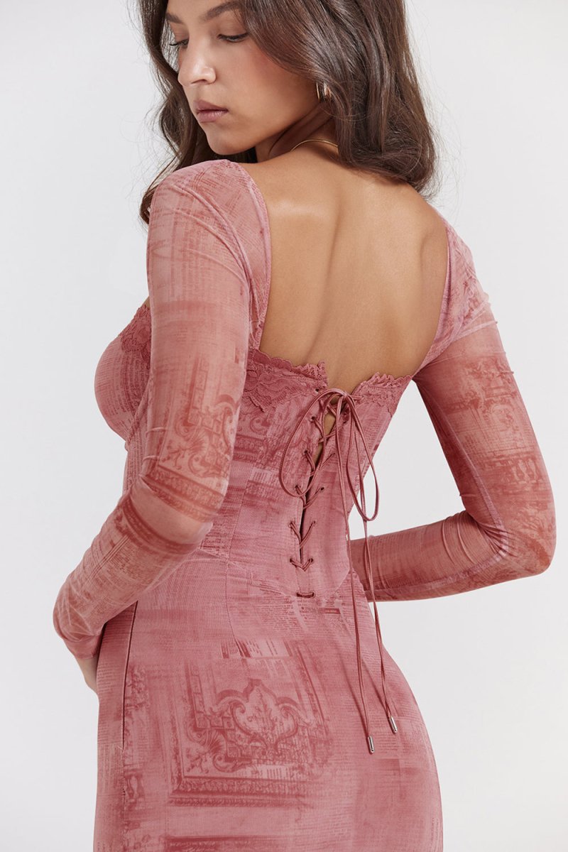 Gemma | Women's Pink Long Sleeve Maxi Dress, Off The Shoulder with Long Sleeves