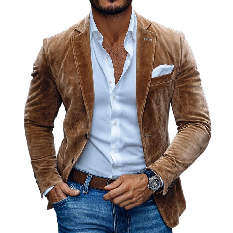 Men’s Tailored Two Button Blazer –  Faux Suede Slim Fit Smart Casual Jacket – Classic Structured Design