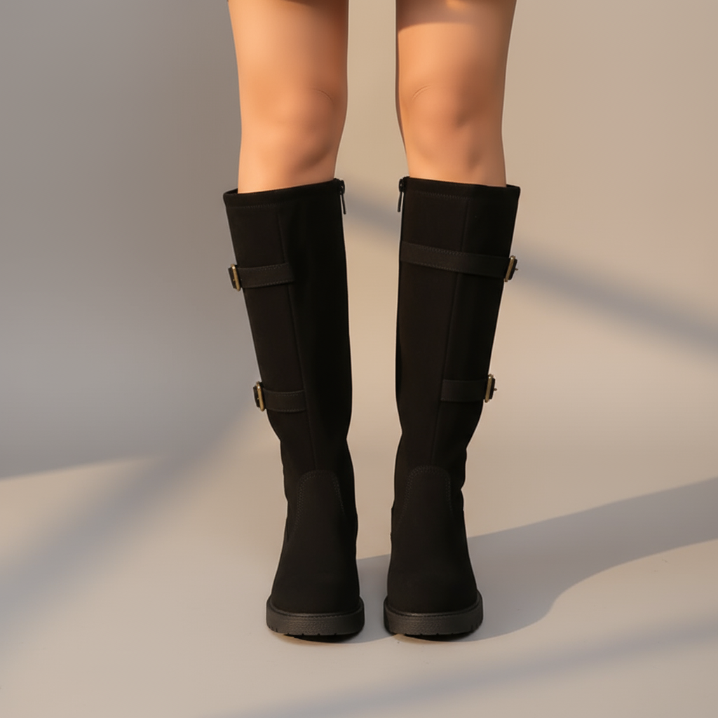 Women’s Black Knee High Boots with Low Heel - Classic Silhouette for Everyday Elegance