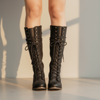 Women’s Lace-Up Knee High Boots with Chunky Heel - Side Zip Closure for Easy Wear and All-Day Comfort