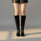 Women’s Shiny Knee High Boots with Block Heel - Sleek Gloss Finish and Modern Elegant Style