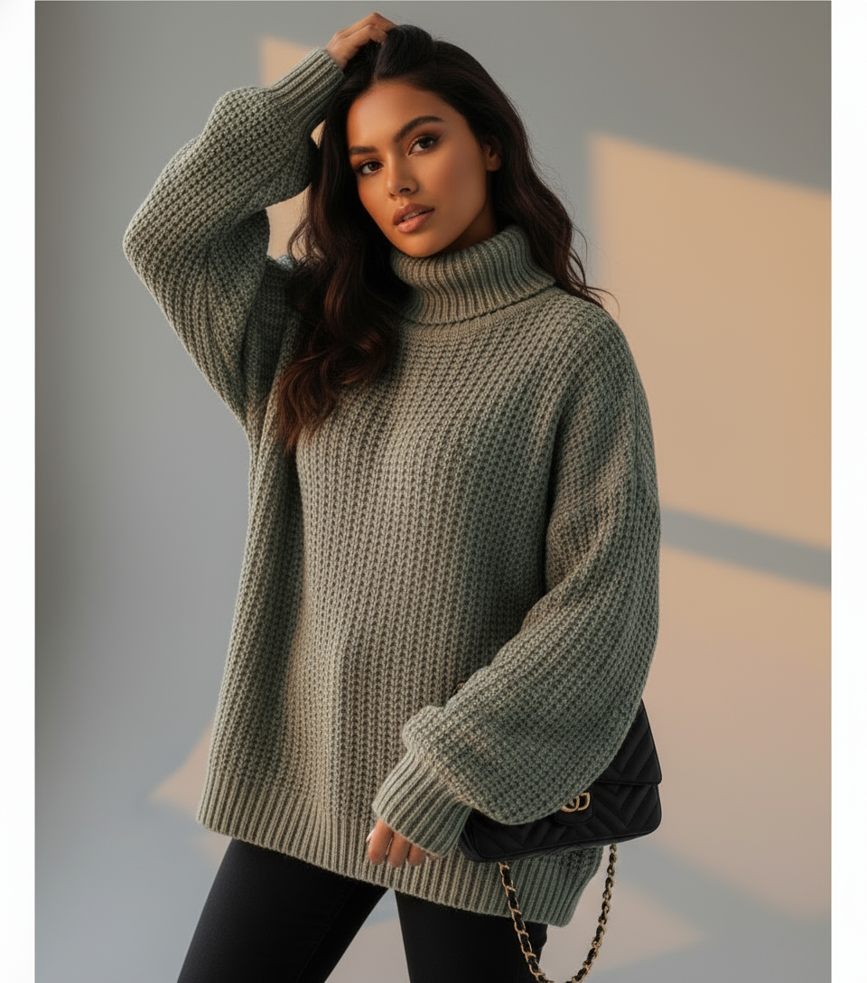 Women’s Knit Turtleneck Jumper - Thick Chunky Pullover with Relaxed Fit for Cozy Winter Style