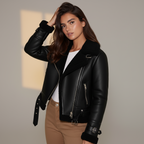 Women’s Faux Leather Jacket with Belted Hem - PU Suede Biker Coat with Zipper Closure and Shearling Lining