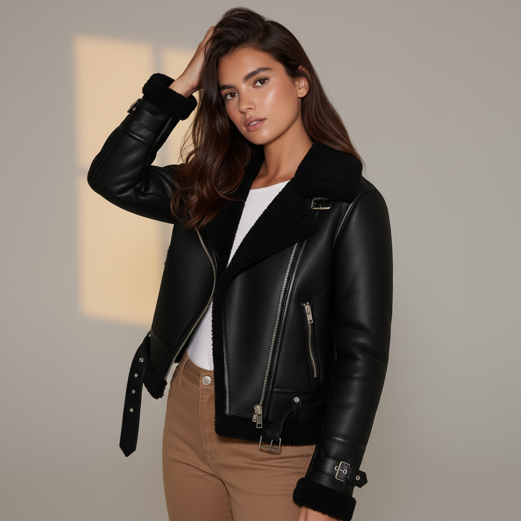 Women’s Faux Leather Jacket with Belted Hem - PU Suede Biker Coat with Zipper Closure and Shearling Lining