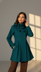 Women's Hooded A-Line Winter Coat - Double-Breasted Trench Style with Flared Silhouette