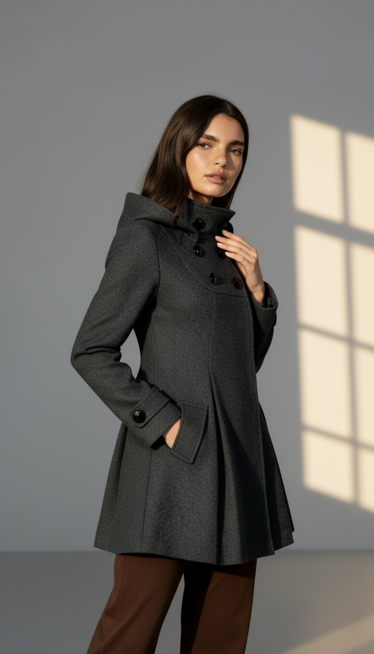 Women's Hooded A-Line Winter Coat - Double-Breasted Trench Style with Flared Silhouette