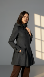 Women's Hooded A-Line Winter Coat - Double-Breasted Trench Style with Flared Silhouette