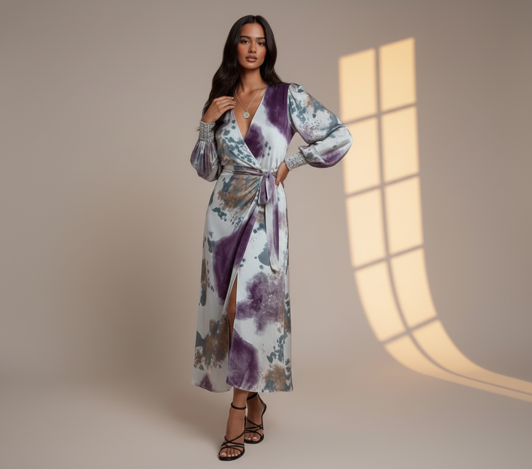 Women's Tie-Dye Satin Wrap Maxi Dress with Waist Tie - Boho Elegant Evening & Party Dress