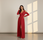 Women's Long Sleeve Wrap Maxi Dress with Front Slit - Elegant Evening & Party Gown