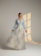 Women's Elegant V-Neck Floral Maxi Dress with Long Sleeves - Romantic Evening & Wedding Guest Dress