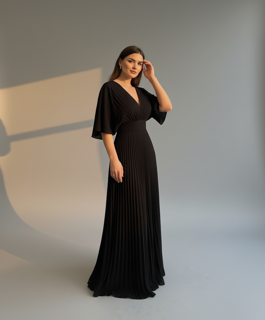 Women’s Elegant Pleated Maxi Dress with Wide Sleeves - Flowy Long Dress for Formal & Casual Occasions