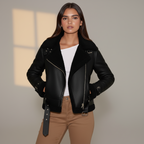 Women’s Faux Leather Jacket with Belted Hem - PU Suede Biker Coat with Zipper Closure and Shearling Lining