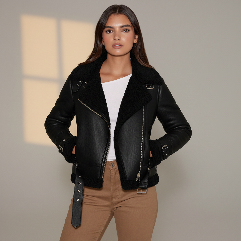 Women’s Faux Leather Jacket with Belted Hem - PU Suede Biker Coat with Zipper Closure and Shearling Lining