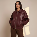 Women’s Faux Leather Jacket with Zipper Front - PU Moto Jacket with Classic Lapel Collar