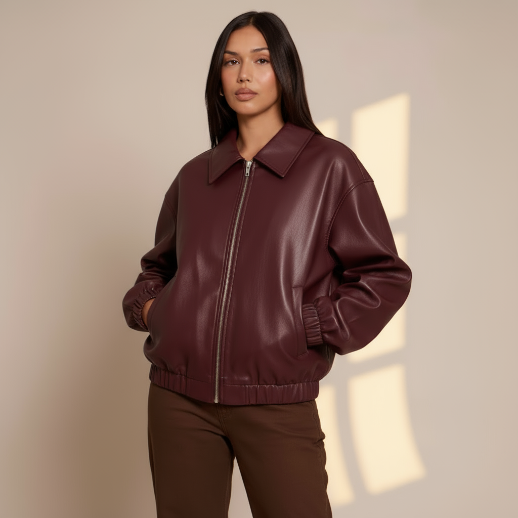 Women’s Faux Leather Jacket with Zipper Front - PU Moto Jacket with Classic Lapel Collar