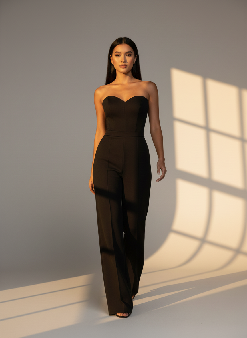 Women's Strapless Jumpsuit with Fitted Bodice and Flared-Leg Pants - Elegant Formal & Evening Wear