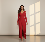 Women's Long Sleeve Wrap Maxi Dress with Front Slit - Elegant Evening & Party Gown