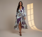 Women's Tie-Dye Satin Wrap Maxi Dress with Waist Tie - Boho Elegant Evening & Party Dress