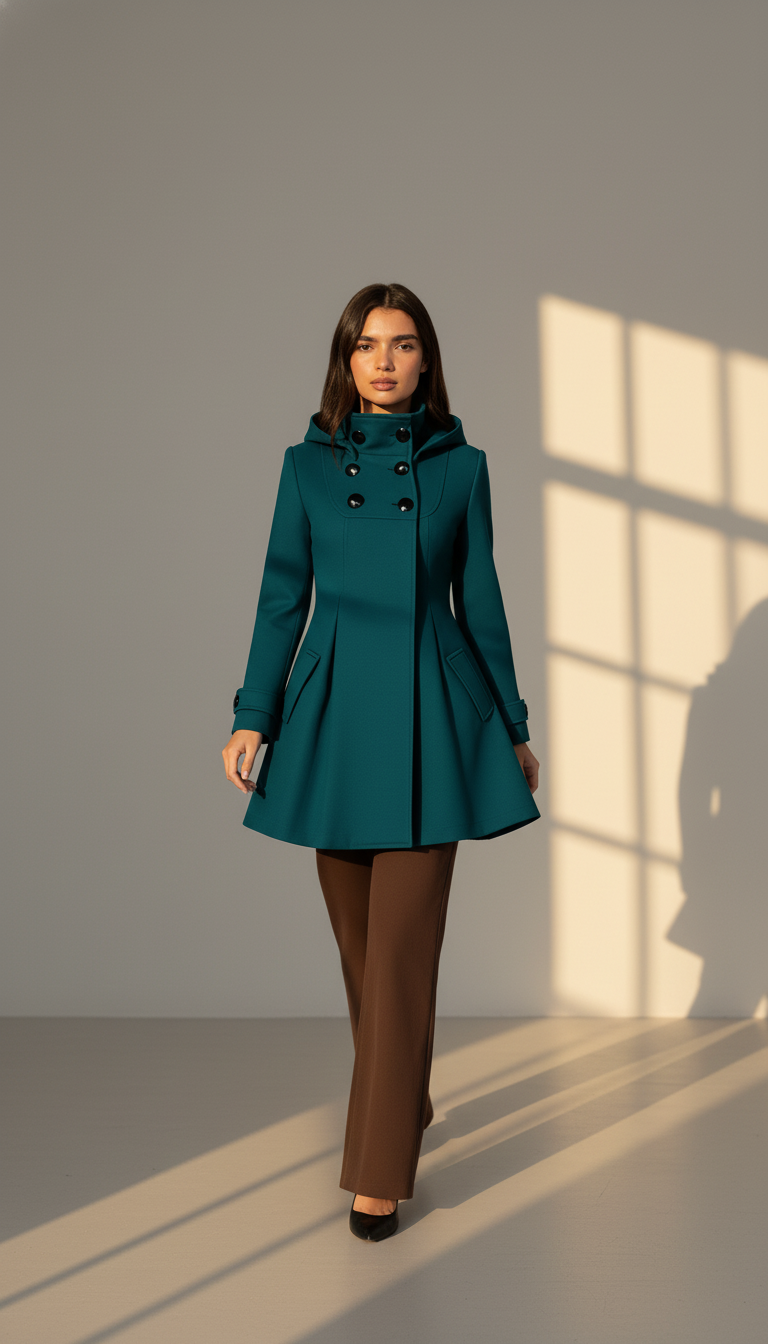 Women's Hooded A-Line Winter Coat - Double-Breasted Trench Style with Flared Silhouette