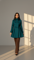 Women's Hooded A-Line Winter Coat - Double-Breasted Trench Style with Flared Silhouette