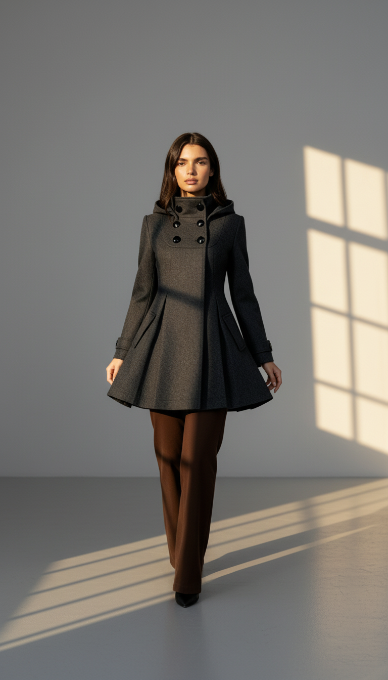 Women's Hooded A-Line Winter Coat - Double-Breasted Trench Style with Flared Silhouette