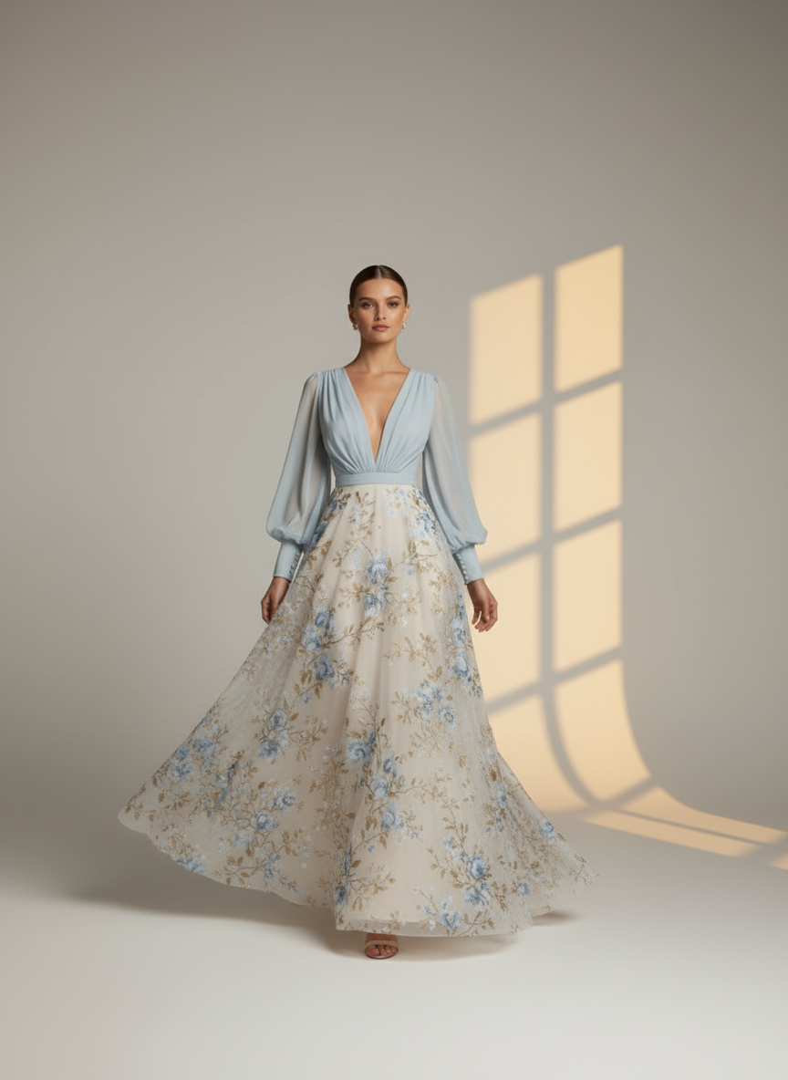 Women's Elegant V-Neck Floral Maxi Dress with Long Sleeves - Romantic Evening & Wedding Guest Dress