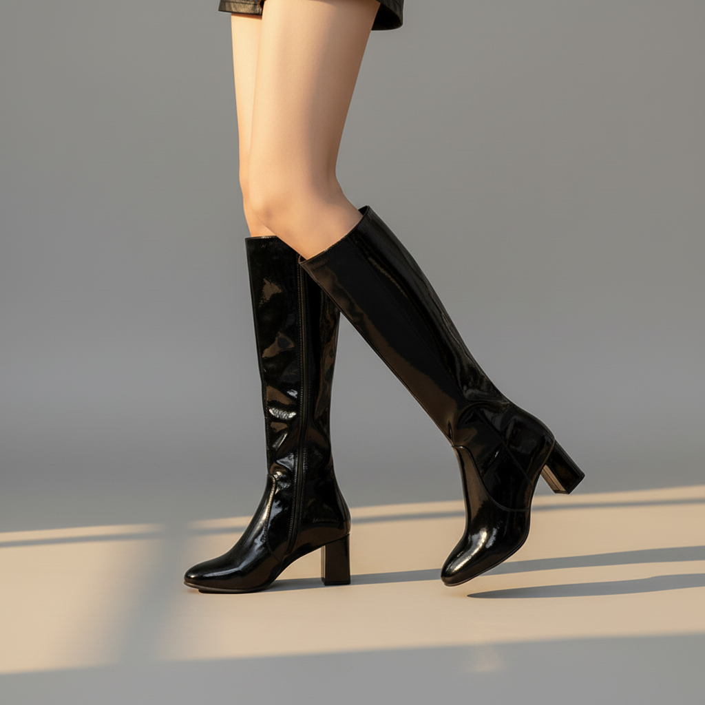 Women’s Shiny Knee High Boots with Block Heel - Sleek Gloss Finish and Modern Elegant Style