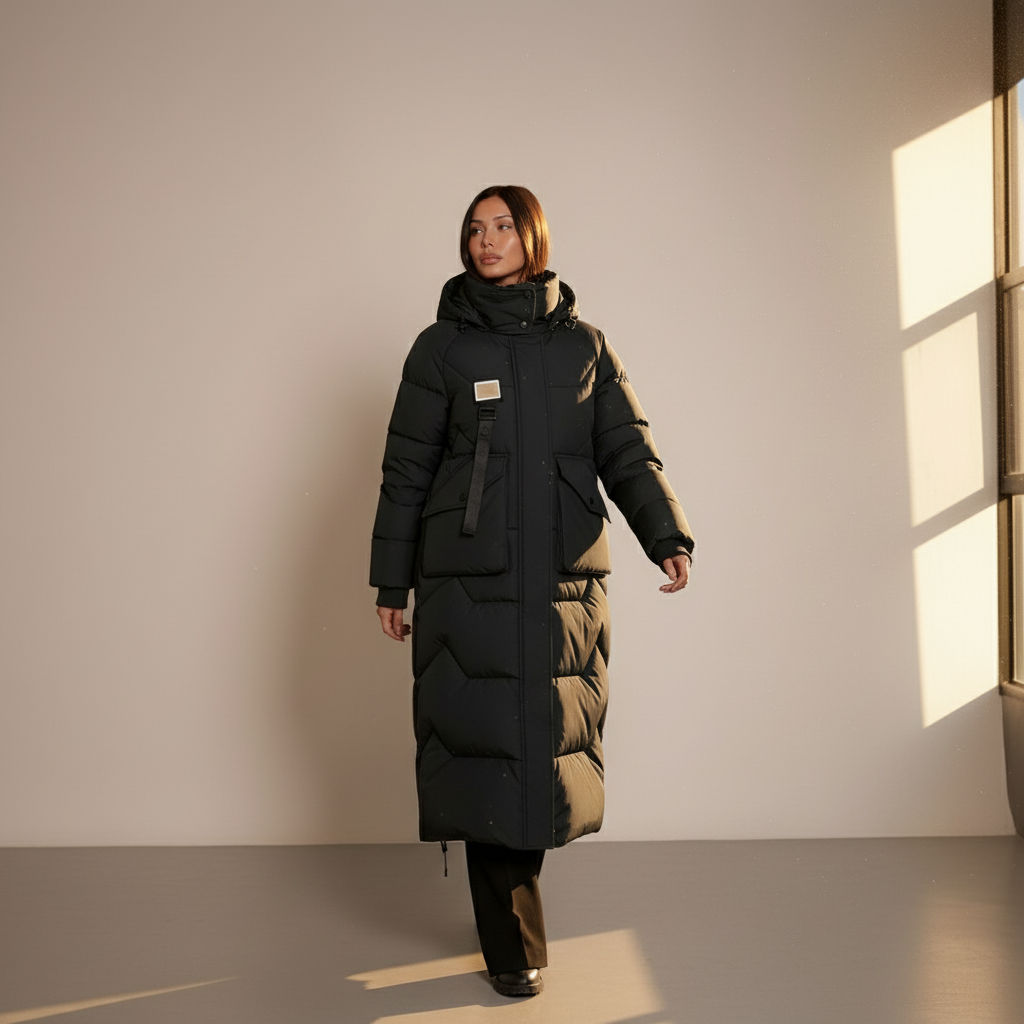 Julia Long Hooded Puffer Jacket - Quilted Padded Winter Coat for Women