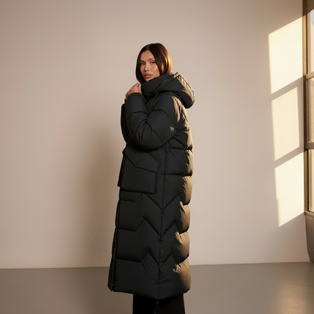 Julia Long Hooded Puffer Jacket - Quilted Padded Winter Coat for Women