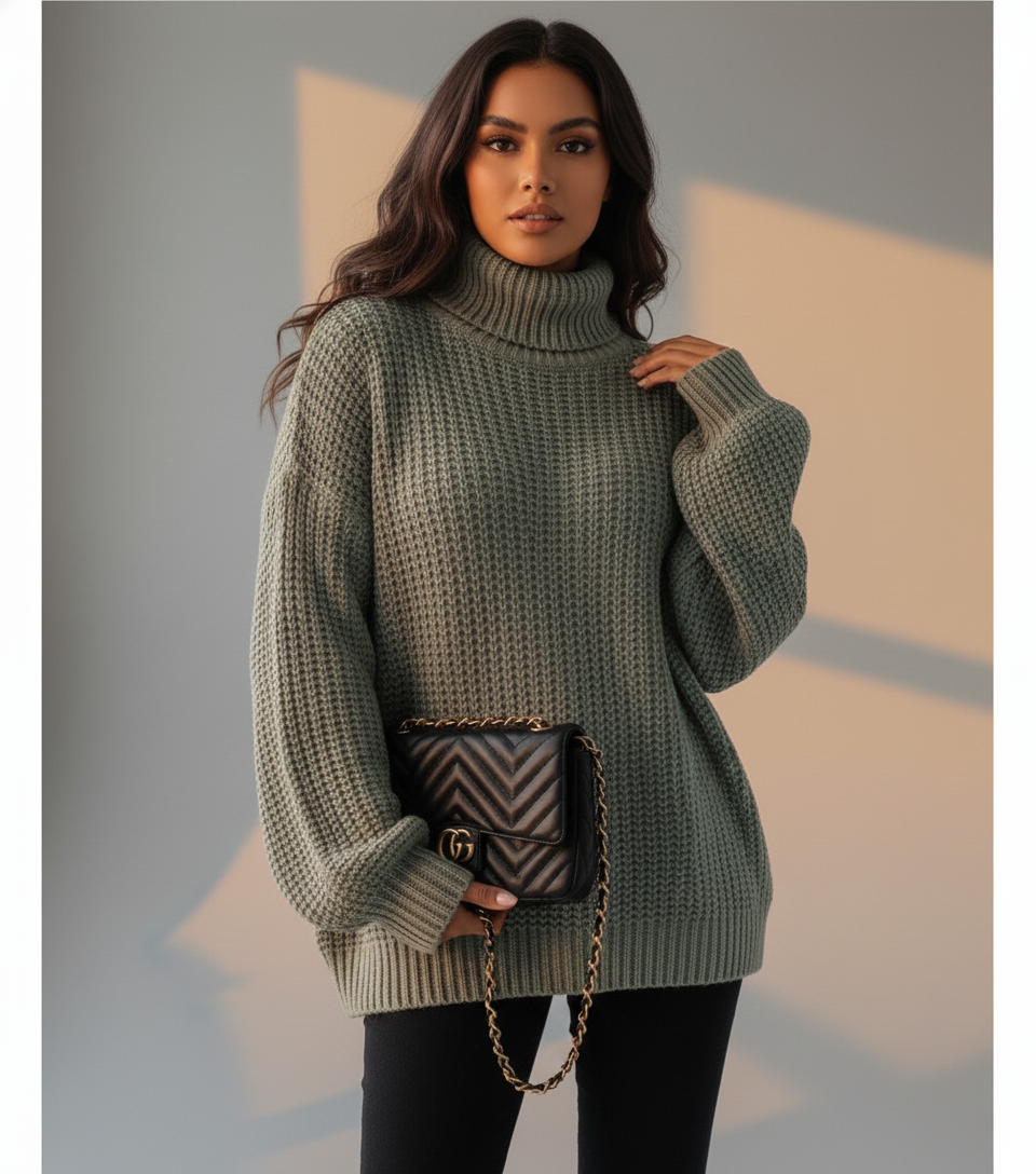 Women’s Knit Turtleneck Jumper - Thick Chunky Pullover with Relaxed Fit for Cozy Winter Style