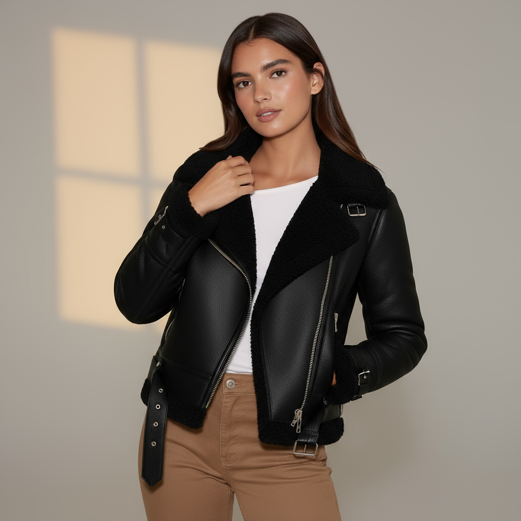 Women’s Faux Leather Jacket with Belted Hem - PU Suede Biker Coat with Zipper Closure and Shearling Lining