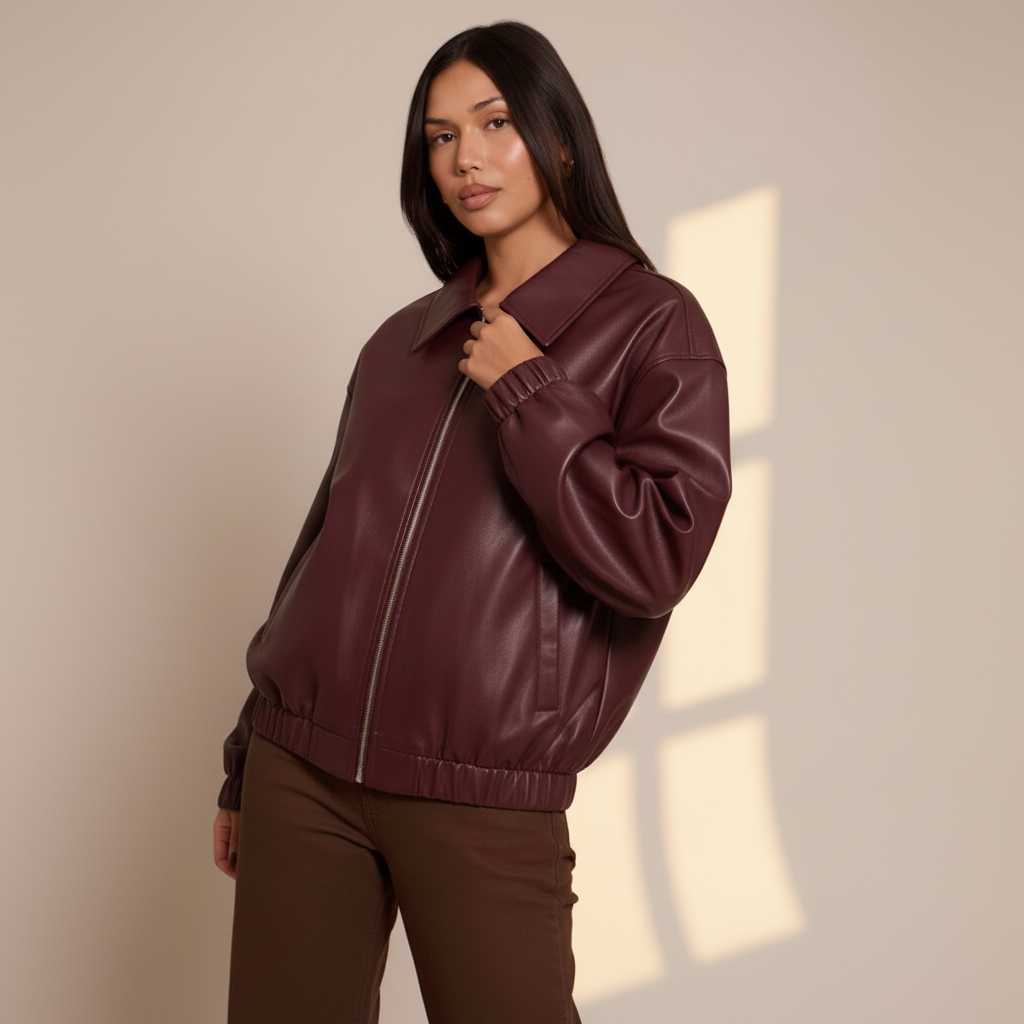 Women’s Faux Leather Jacket with Zipper Front - PU Moto Jacket with Classic Lapel Collar