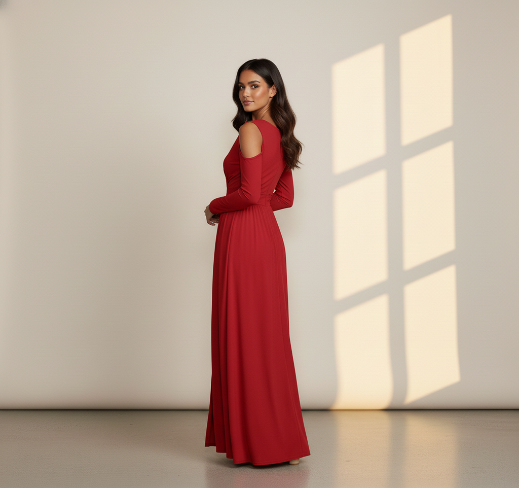 Women's Long Sleeve Wrap Maxi Dress with Front Slit - Elegant Evening & Party Gown