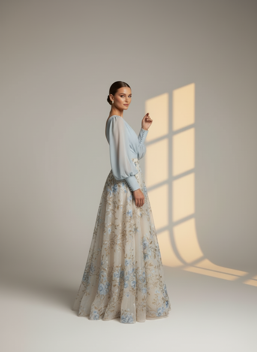 Women's Elegant V-Neck Floral Maxi Dress with Long Sleeves - Romantic Evening & Wedding Guest Dress