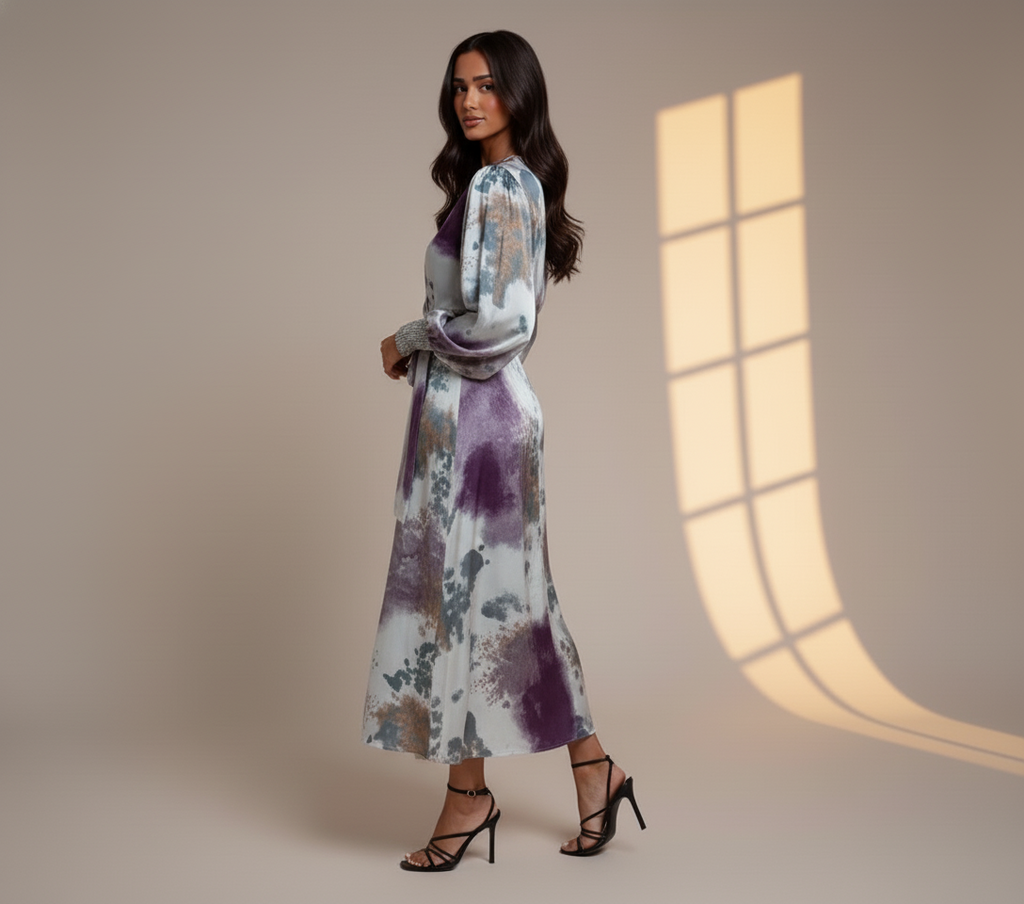 Women's Tie-Dye Satin Wrap Maxi Dress with Waist Tie - Boho Elegant Evening & Party Dress