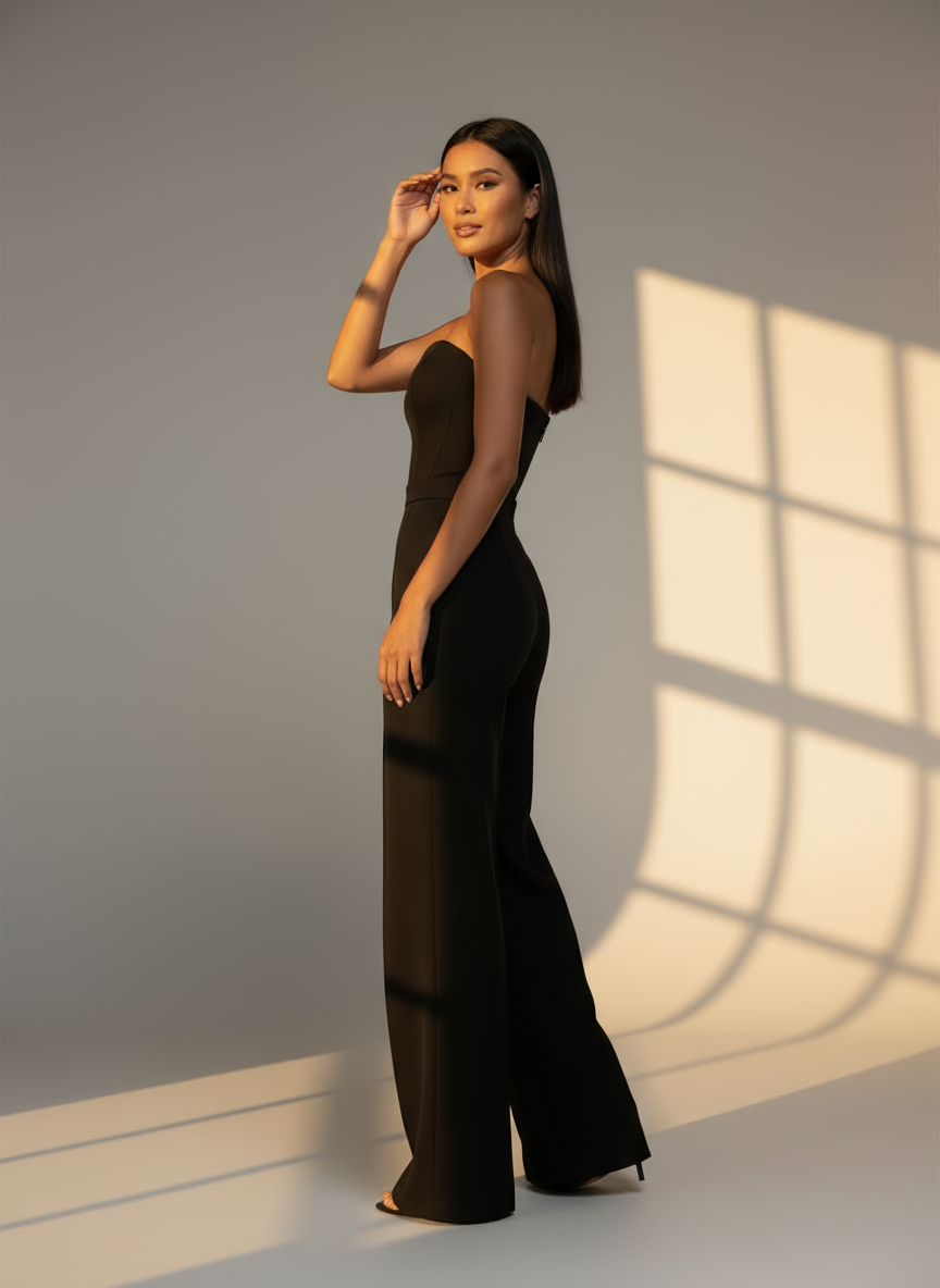 Women's Strapless Jumpsuit with Fitted Bodice and Flared-Leg Pants - Elegant Formal & Evening Wear