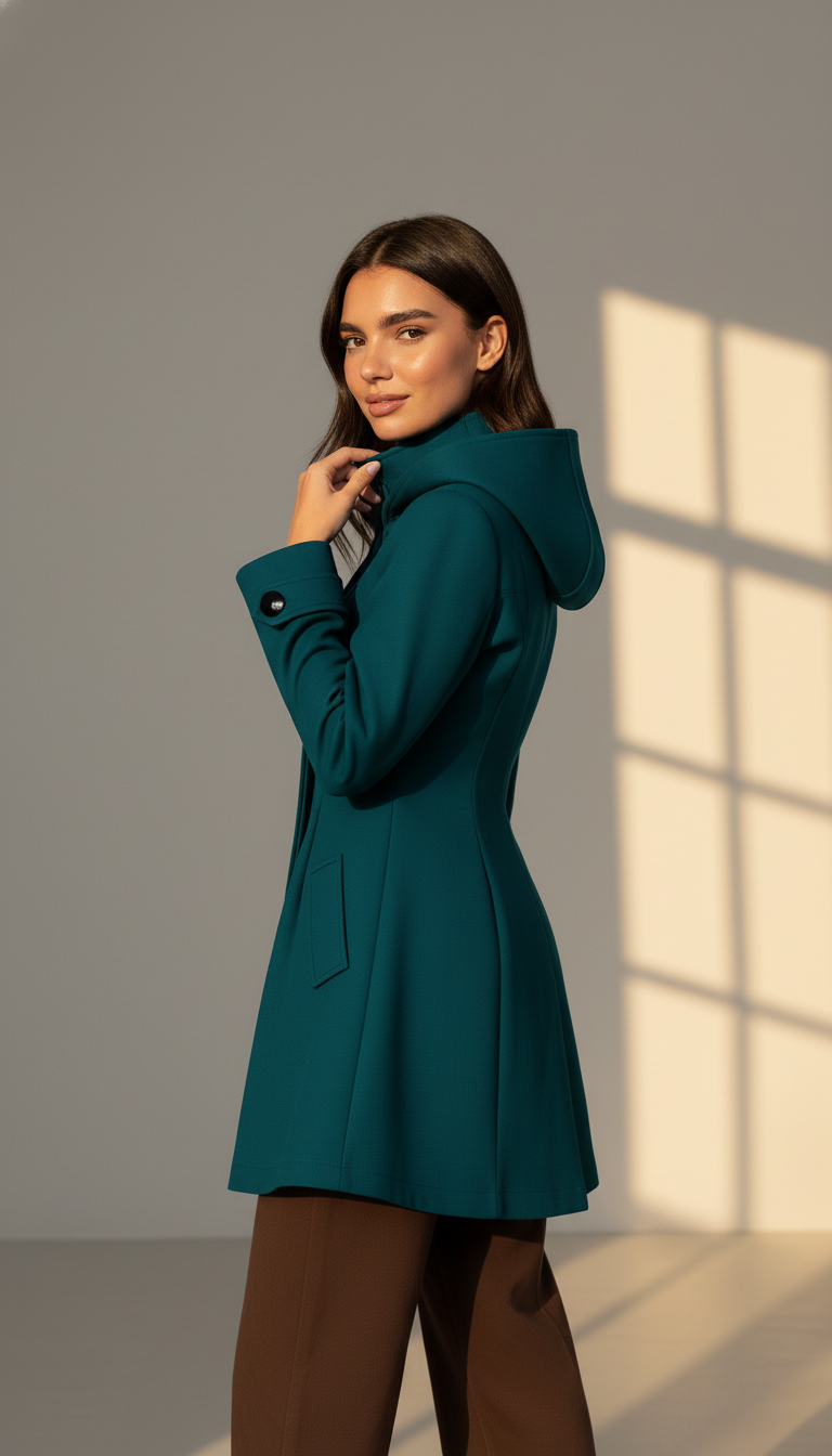 Women's Hooded A-Line Winter Coat - Double-Breasted Trench Style with Flared Silhouette