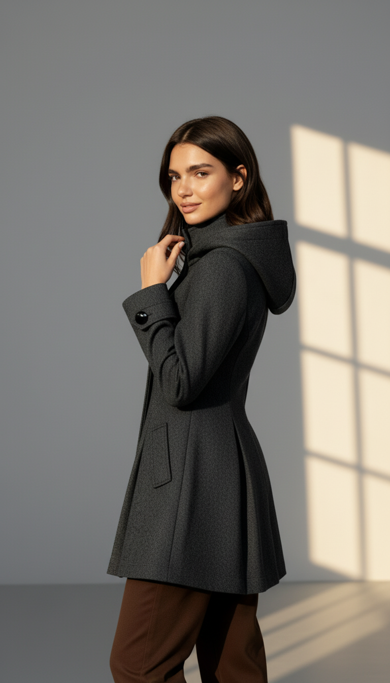 Women's Hooded A-Line Winter Coat - Double-Breasted Trench Style with Flared Silhouette